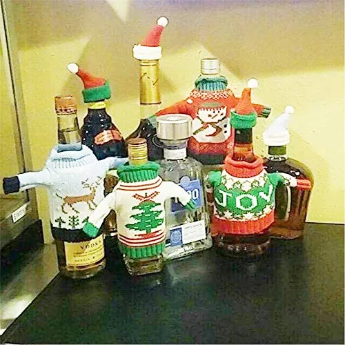 Gofypel Christmas Wine Bottle Covers Ugly Sweater Bottle Ornaments Beer Water Bottle Holders Xmas Table Decor with Hats for Christmas Holiday Party Favors Supplies 4 Set