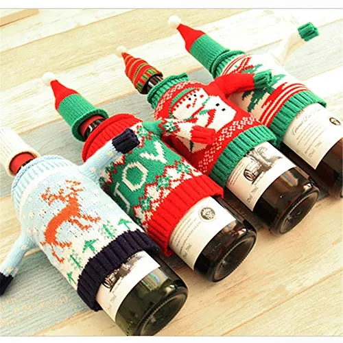 Gofypel Christmas Wine Bottle Covers Ugly Sweater Bottle Ornaments Beer Water Bottle Holders Xmas Table Decor with Hats for Christmas Holiday Party Favors Supplies 4 Set