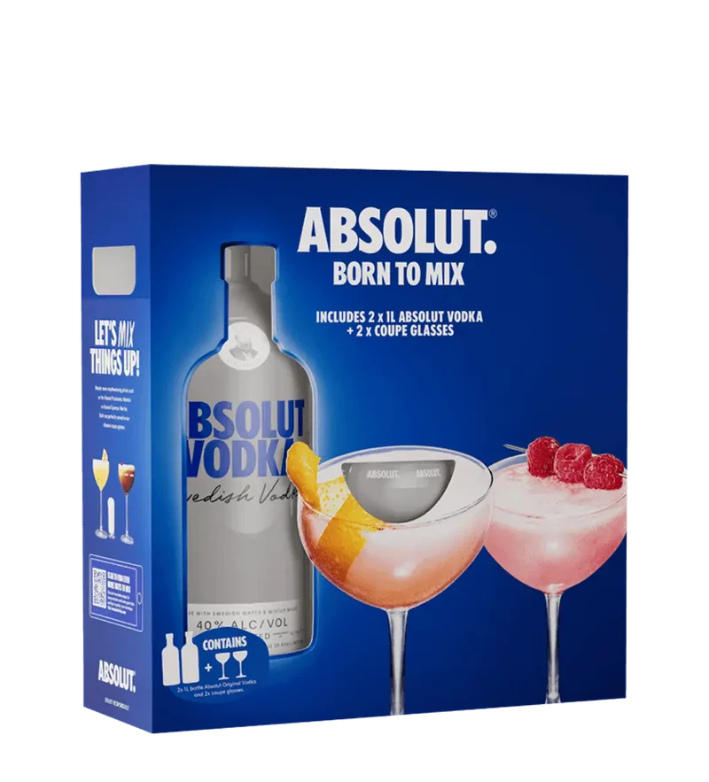 Absolut Vodka 1L + 2 Coupe Glasses Pack
