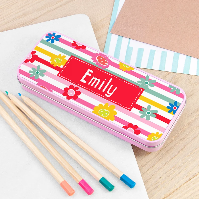 Personalised Personalised Girl's Patterned Pink Pencil Case Tin