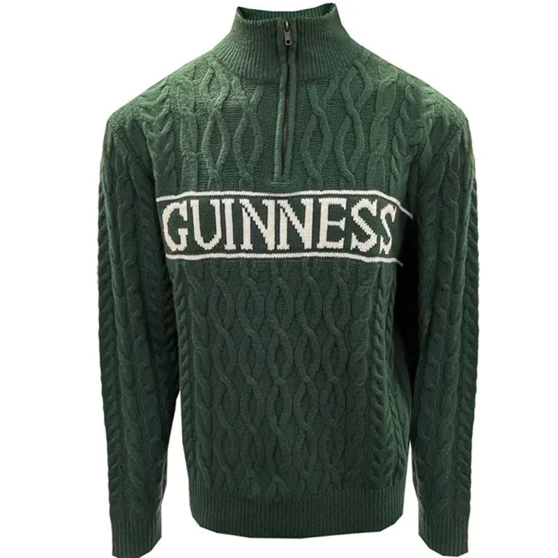 Guinness Green Aran Knit Quarter Zip Jumper