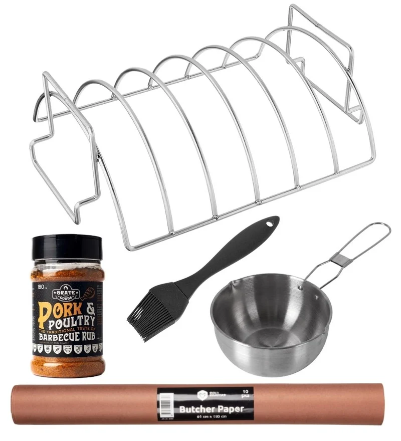 Cookinglife Spareribs Komplett BBQ Set - Mit Rub, Halter, Saucepfanne & Metzgerpapier