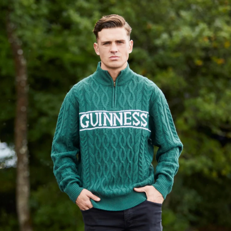 Guinness Green Aran Knit Quarter Zip Jumper