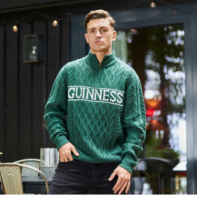 Guinness Green Aran Knit Quarter Zip Jumper