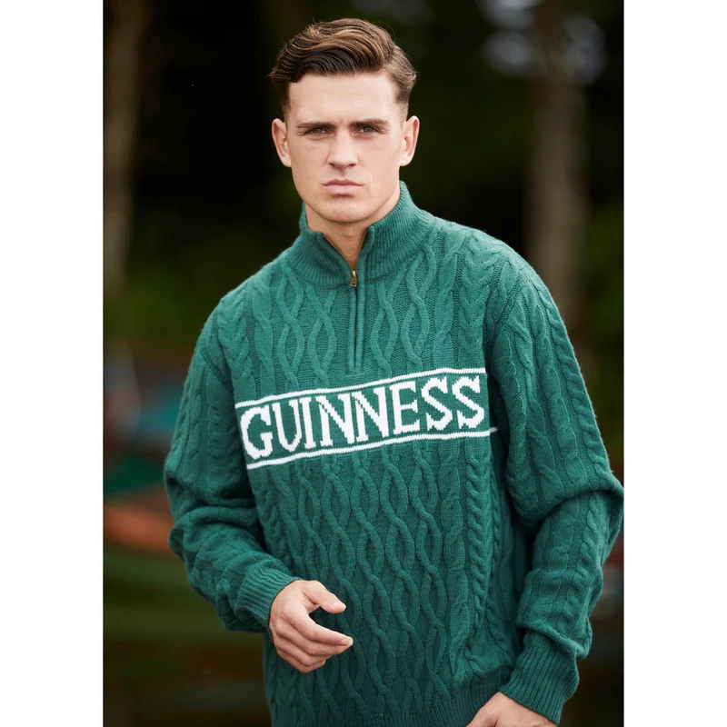 Guinness Green Aran Knit Quarter Zip Jumper