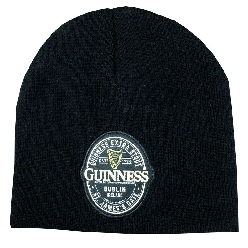 Black Guinness Woven Beanie Hat With Dublin Ireland Label Design