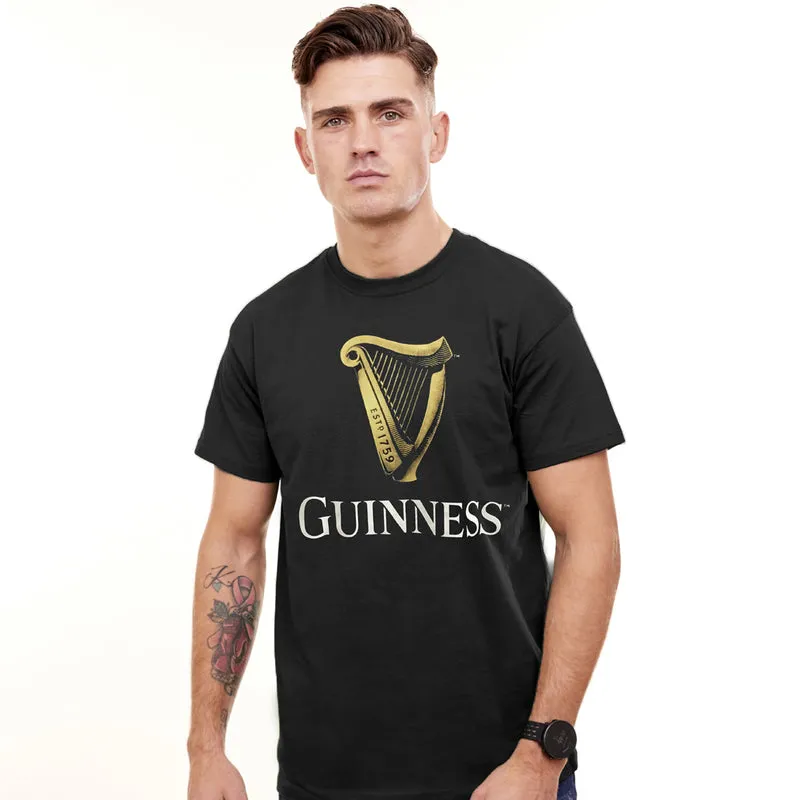 Black Guinness Classic T-Shirt With An Irish Gold Harp Design