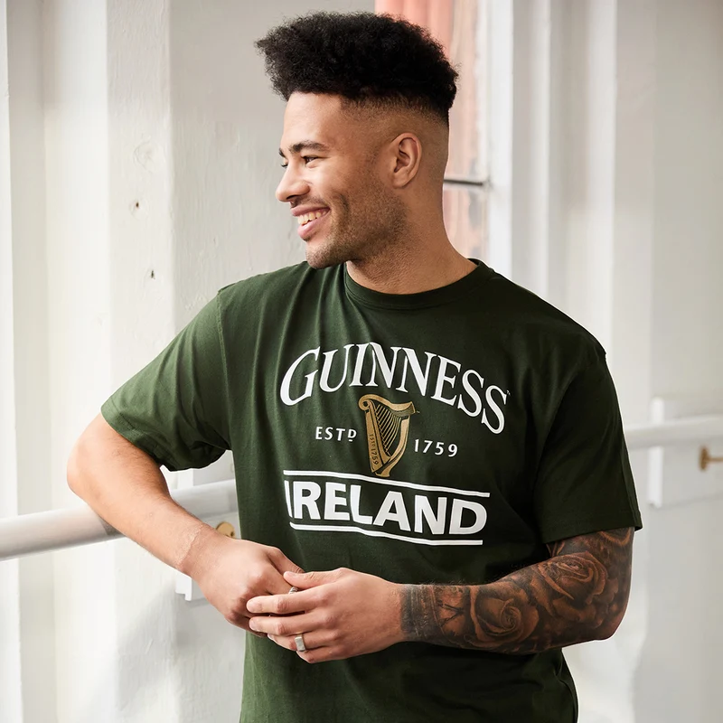 Bottle Green Guinness T-Shirt With Ireland EST. 1759 With Gold Harp Design
