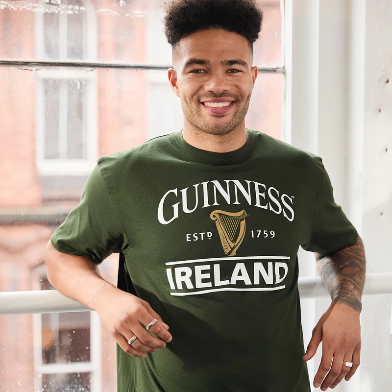Bottle Green Guinness T-Shirt With Ireland EST. 1759 With Gold Harp Design
