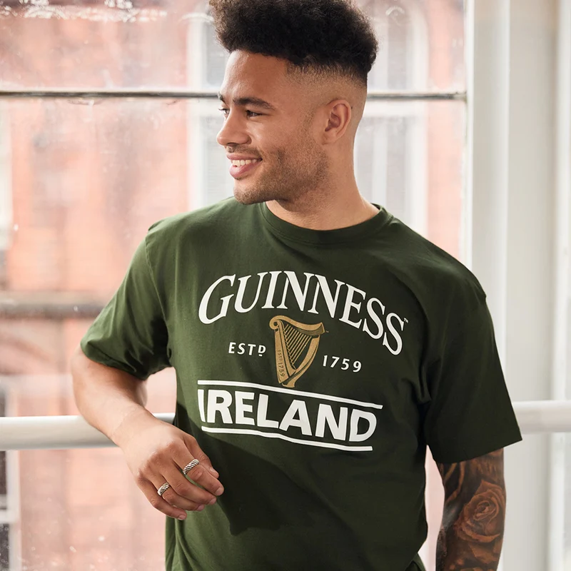 Bottle Green Guinness T-Shirt With Ireland EST. 1759 With Gold Harp Design