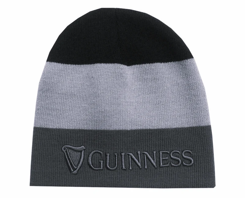 Striped Guinness 3D Embossed Knitted Beanie Hat, Black, Grey & White Colour