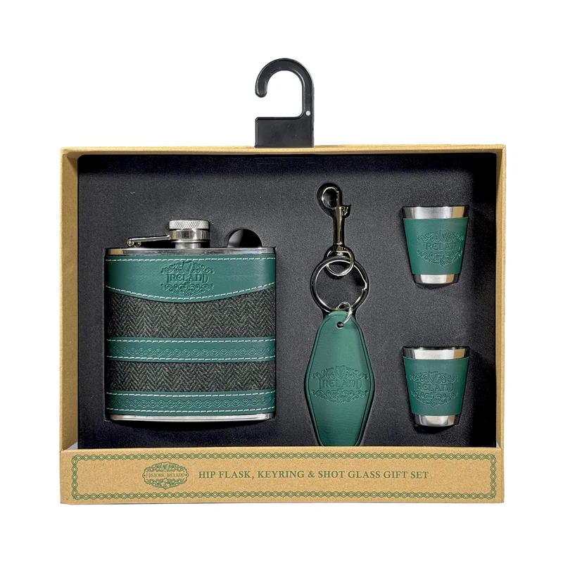 Hip Flask Gift Set with Keyring & Two Shot Glasses