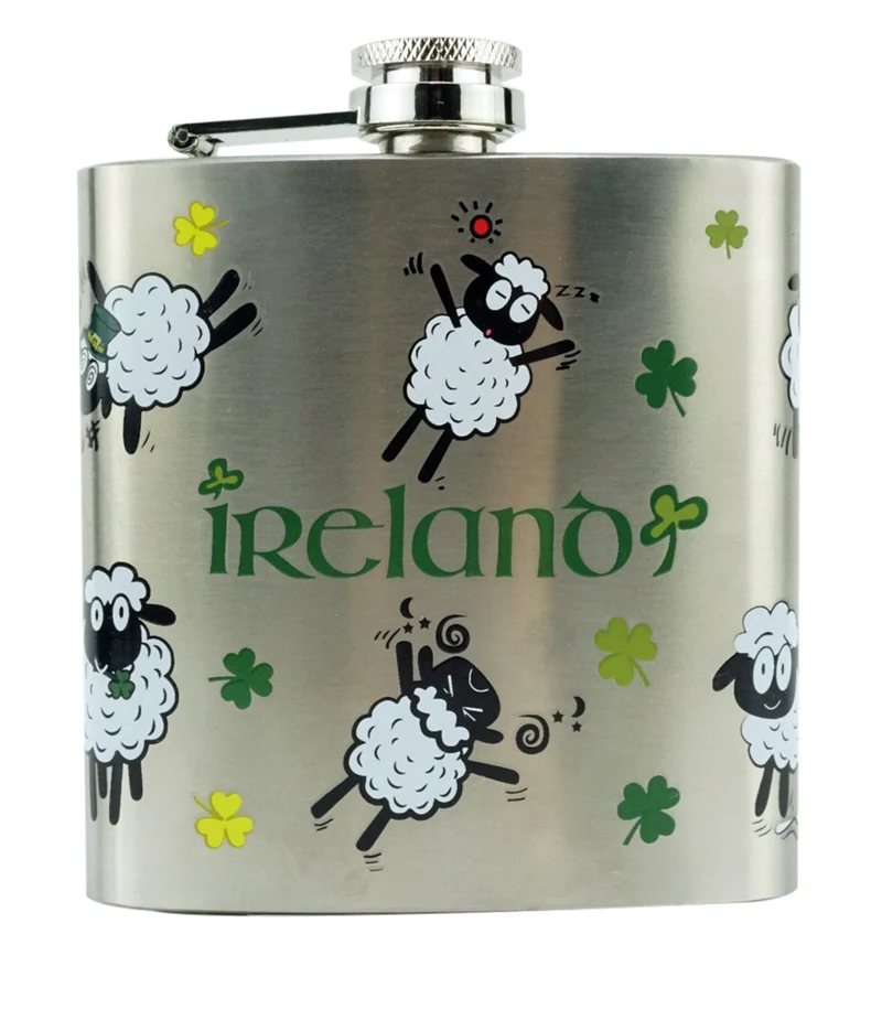 Hip Flask, 6oz, Shamrock and Sheep pattern