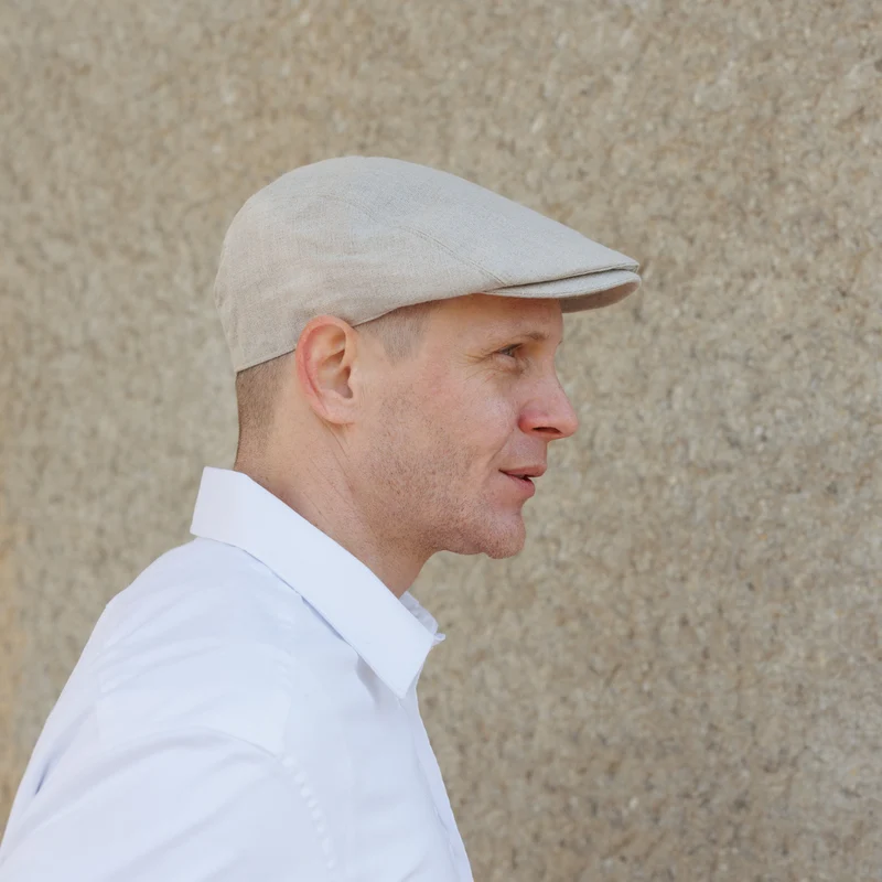 Mens Linen Driving Natural Flat Cap