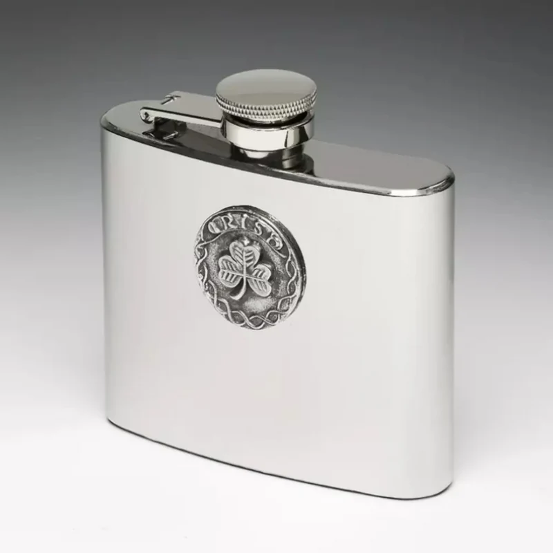Mullingar Pewter Stainless Steel Hip Flask With Shamrock