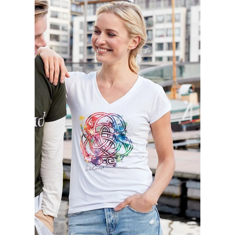White V-Neck Women's T-Shirt with Aed Celtic Knot