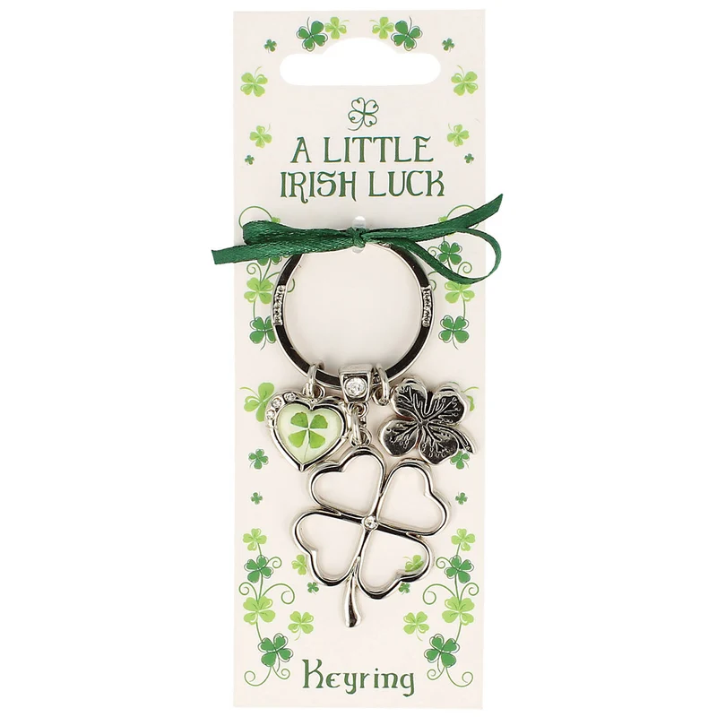 Silver Metal Keychain With Clover Charms & 'irish Luck' Text Design