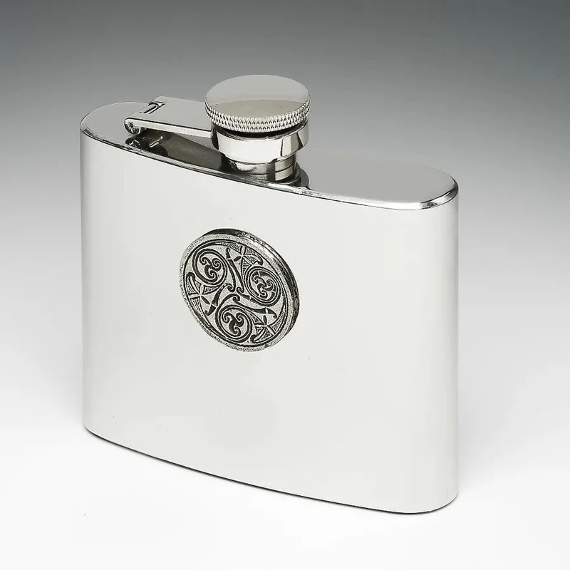 Mullingar Pewter Stainless Steel Hip Flask With Celtic Spiral