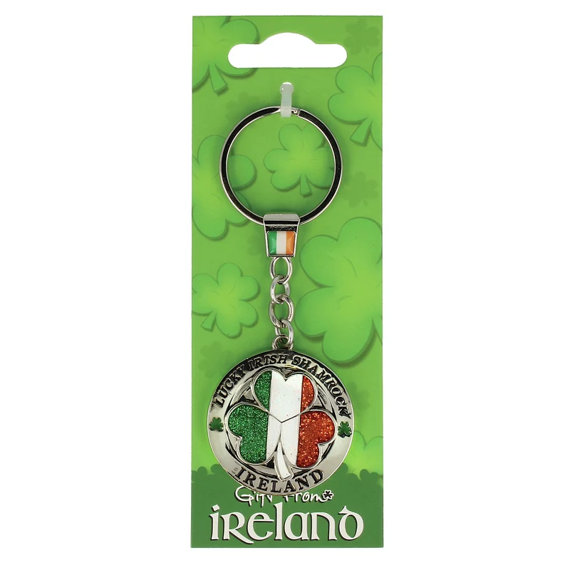 Lucky Irish Tricolour Sparkly Shamrock Designed Ireland Spinner Keychain