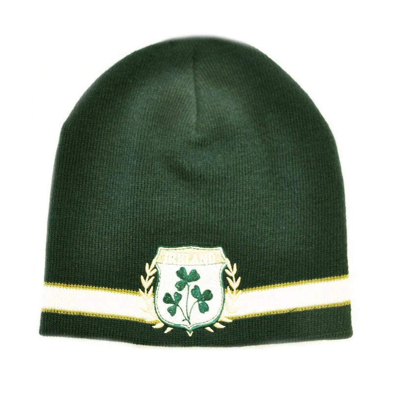 Knitted Hat With Embroidered Ireland Crest & Shamrocks Green
