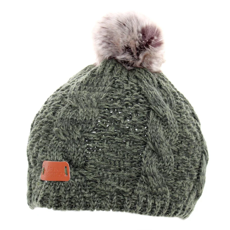 Knit Tammy Hat With Faux Fur Bobble Dark Green