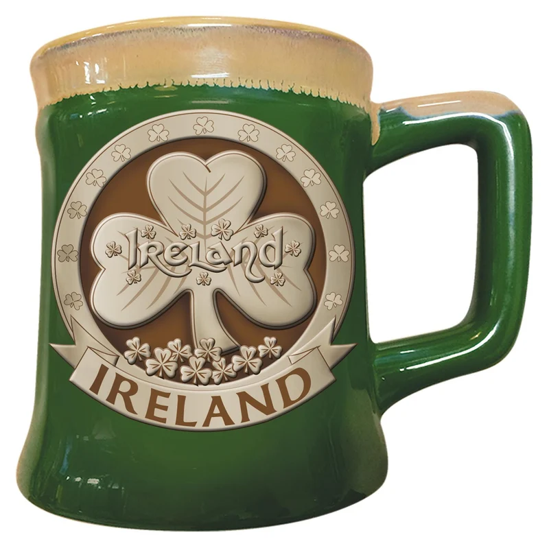 Irish Designed Pottery Mug With A Shamrock Design Green