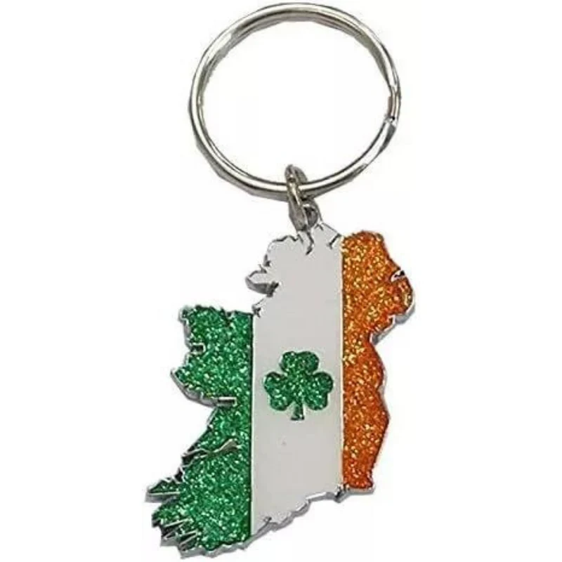 Ireland Map & Shamrock Design Metal Keychain