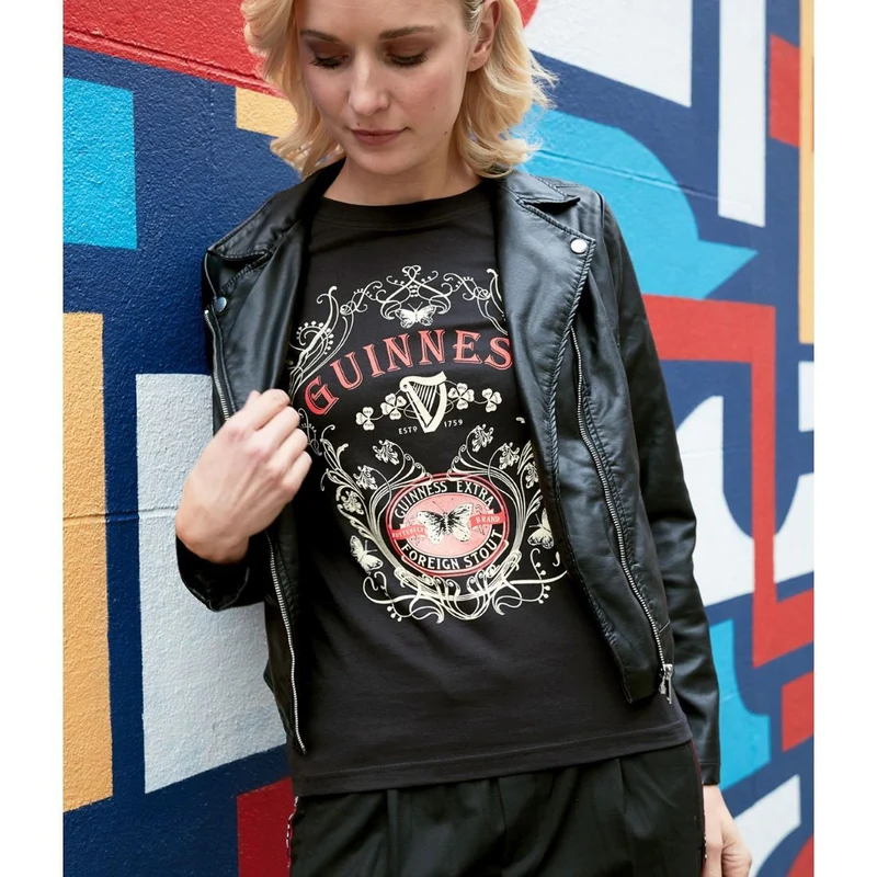 Guinness Women's Butterfly & Extra Foreign Stout Print Black T-Shirt