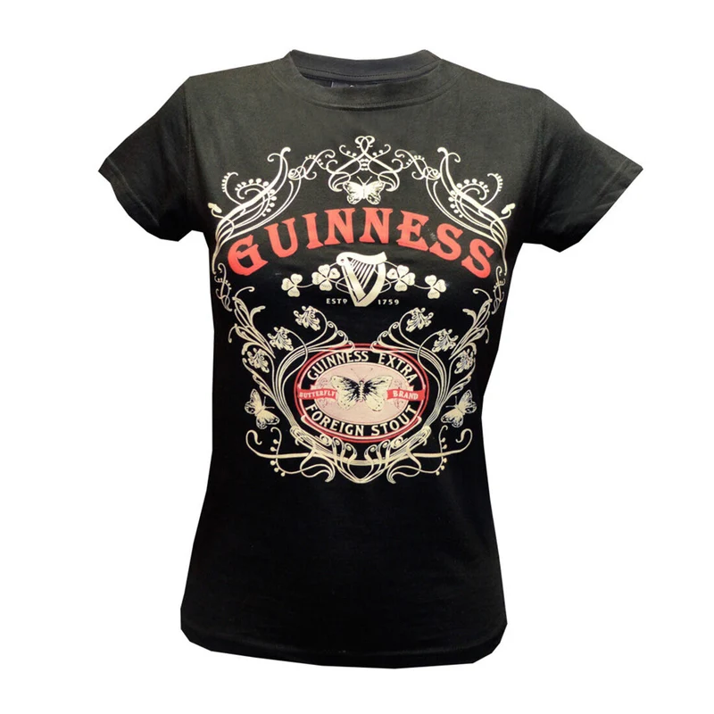 Guinness Women's Butterfly & Extra Foreign Stout Print Black T-Shirt