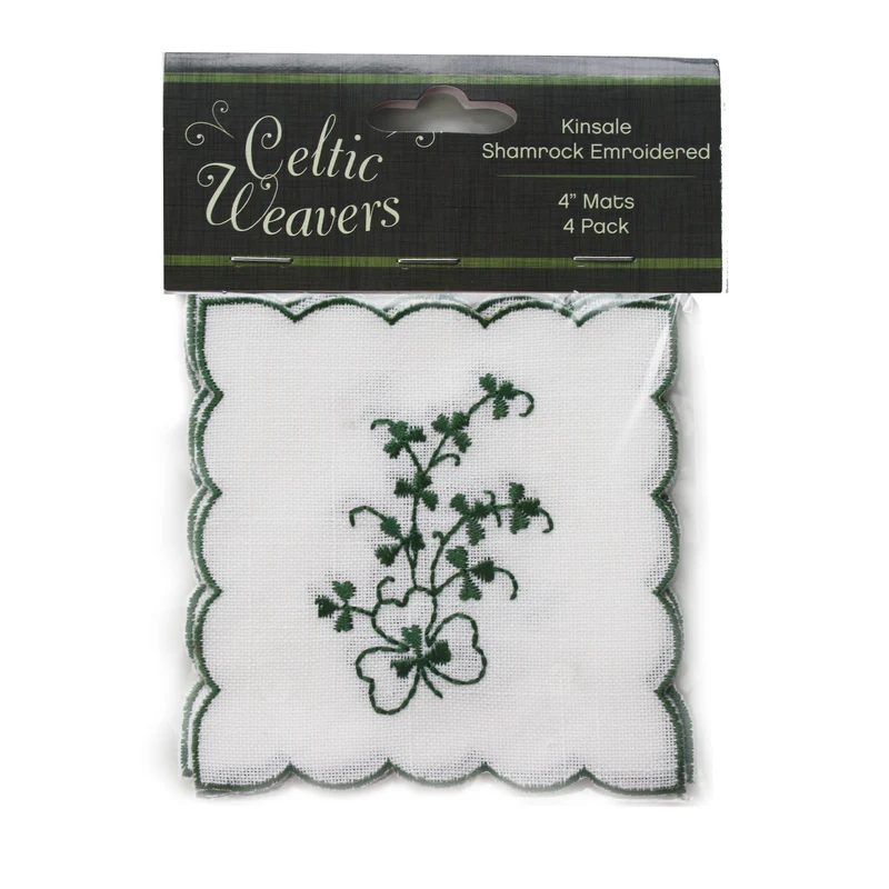 Celtic Weavers Kinsale Shamrock Embroidered 4” Square Mats 4-pack