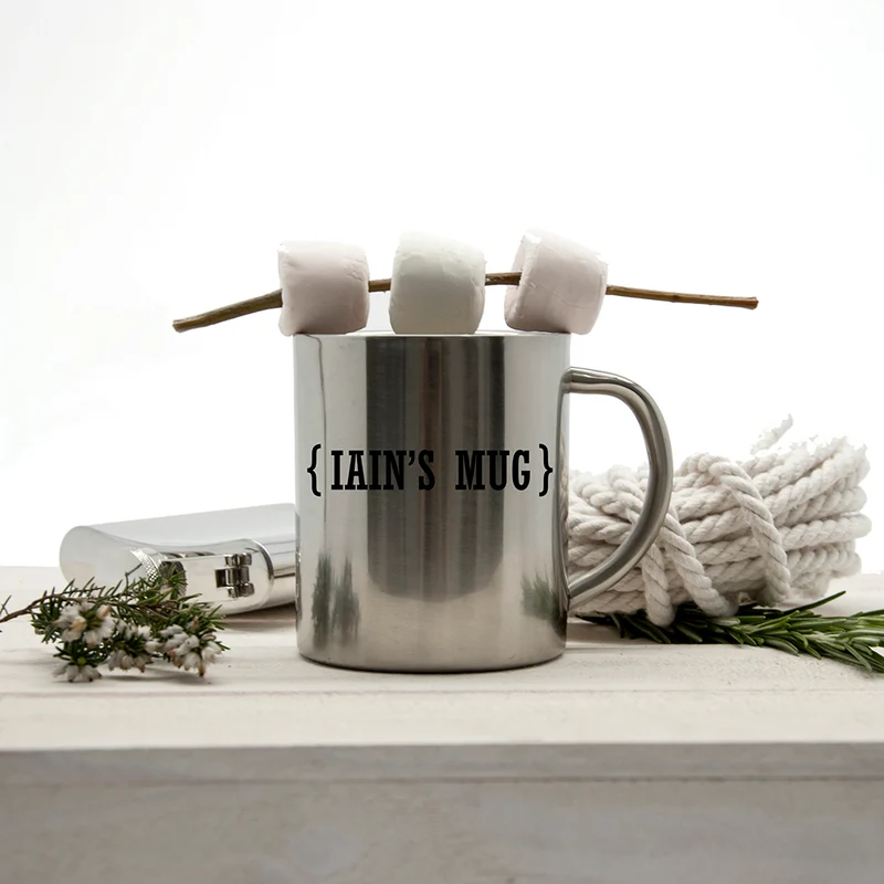 Personalised Name With Swirl Brackets Silver Outdoor Mug