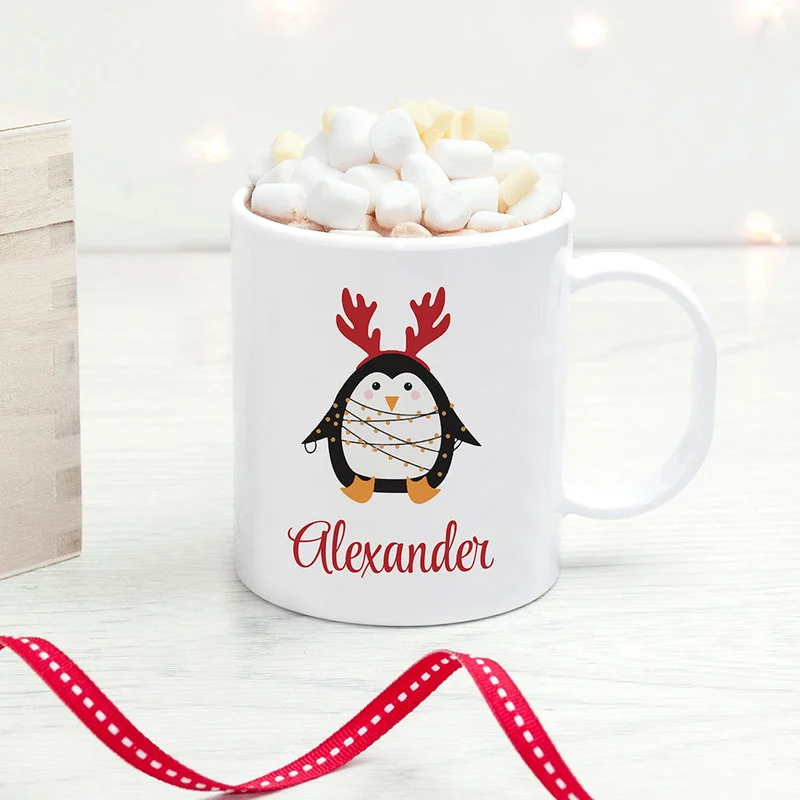 Personalised Christmas Penguin Kids Polymer Mug