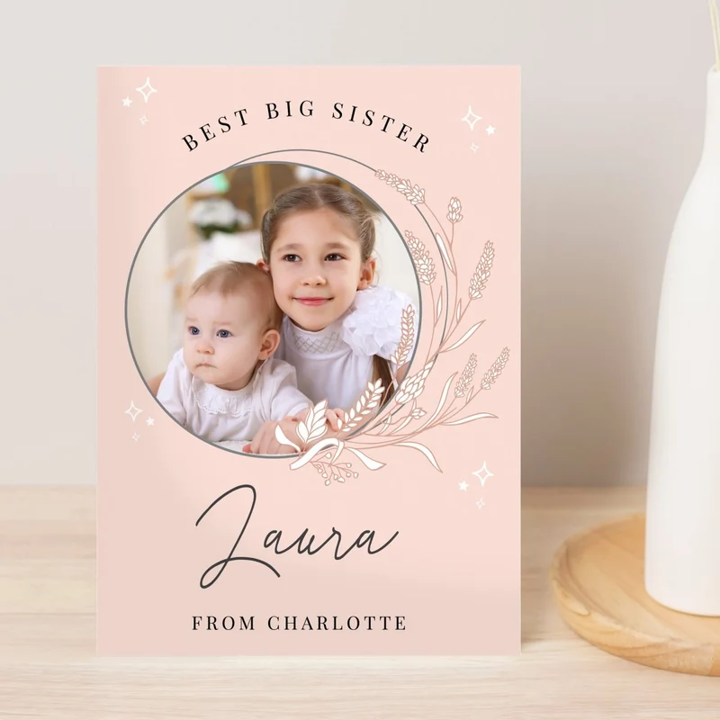 Personalised Pink Wreath Photo Upload Greeting Card
