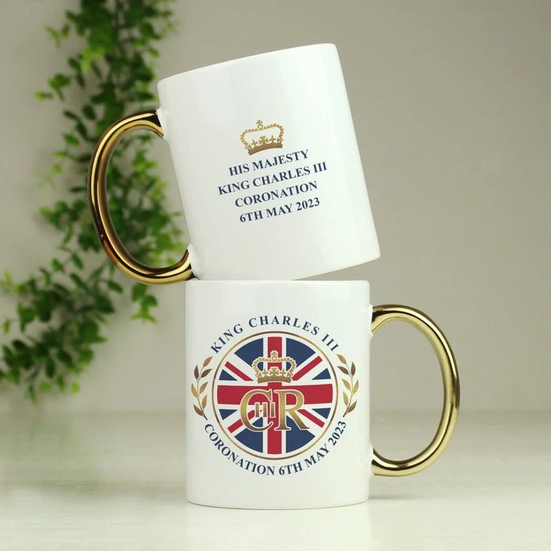 Personalised King Charles Iii Union Jack Coronation Commemorative Gold HandLED Mug