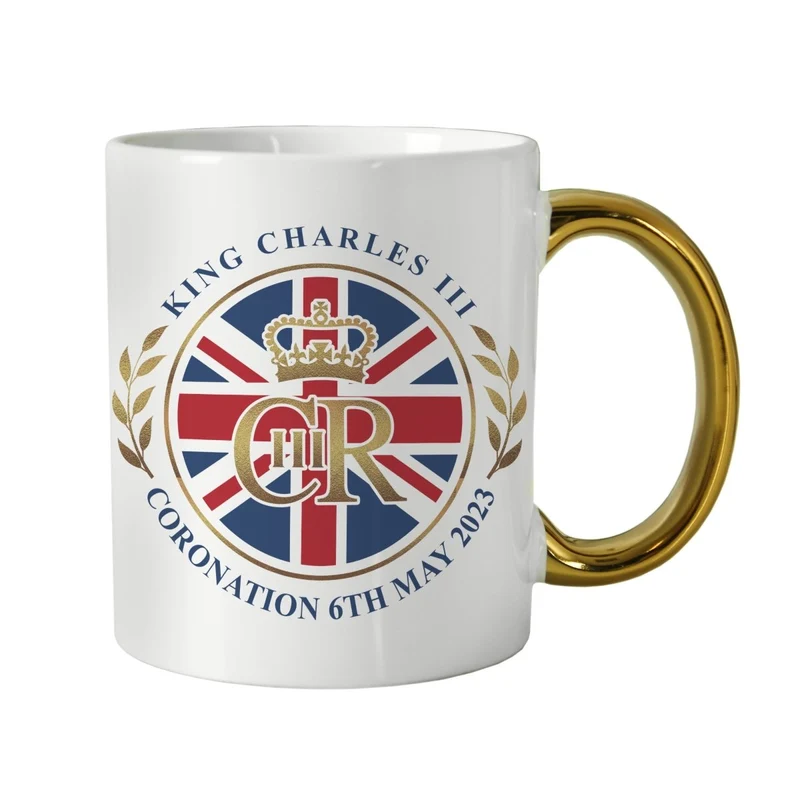 Personalised King Charles Iii Union Jack Coronation Commemorative Gold HandLED Mug