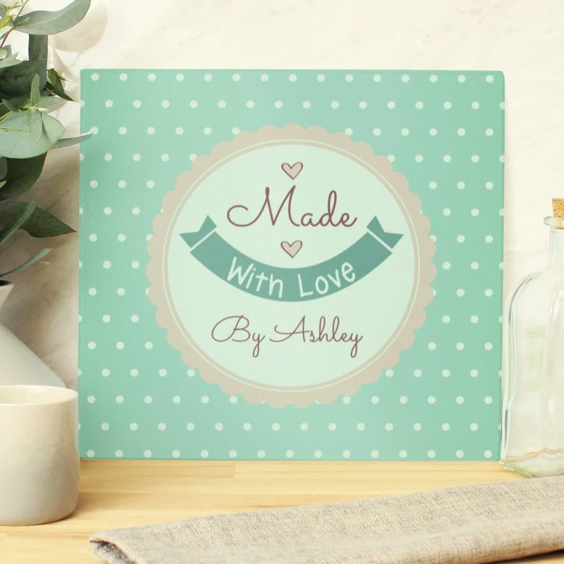 Personalised Made With Love Glass Chopping Board/Worktop Saver