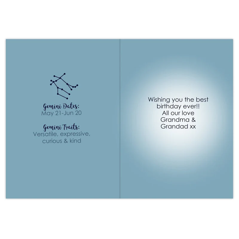 Personalised Gemini Zodiac Star Sign Card (May 21st - June 20th)