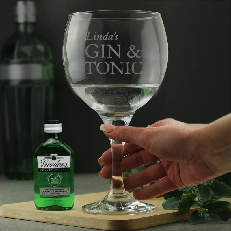 Personalised Gin & Tonic Balloon Glass With Gin Miniature Set