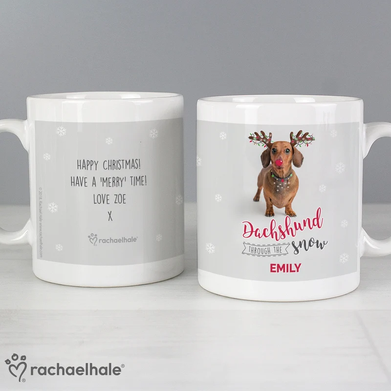 Personalised Rachael Hale Christmas Dachshund Through The Snow Mug