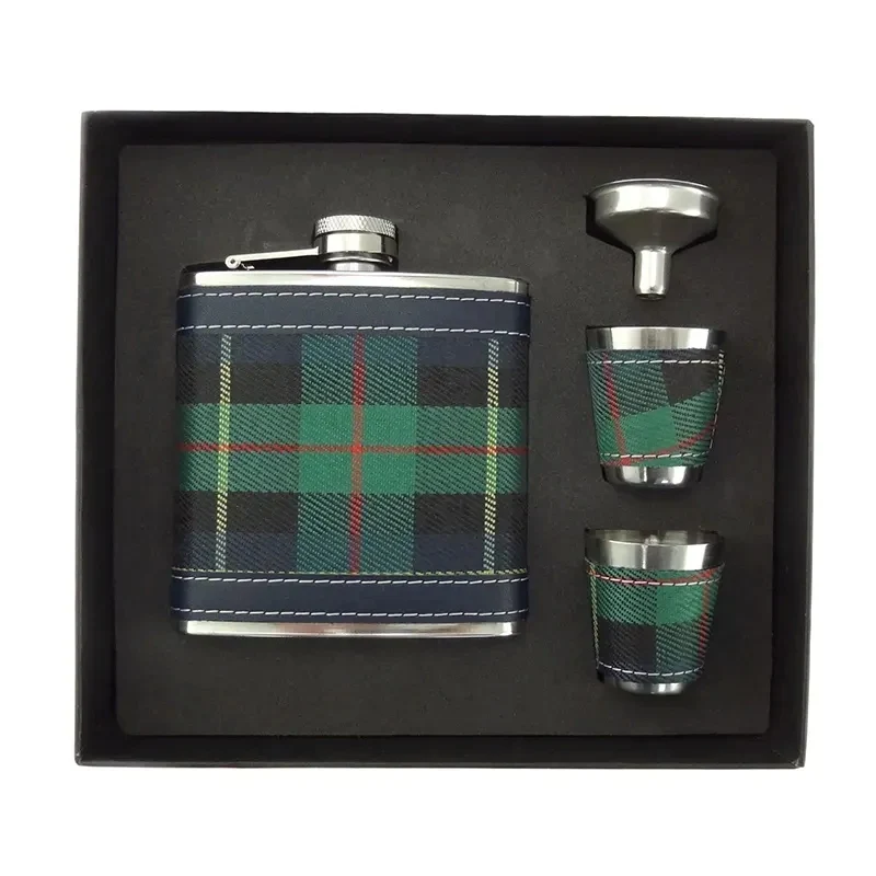 Men's Scottish Tartan Hip Flask Gift Set, Green