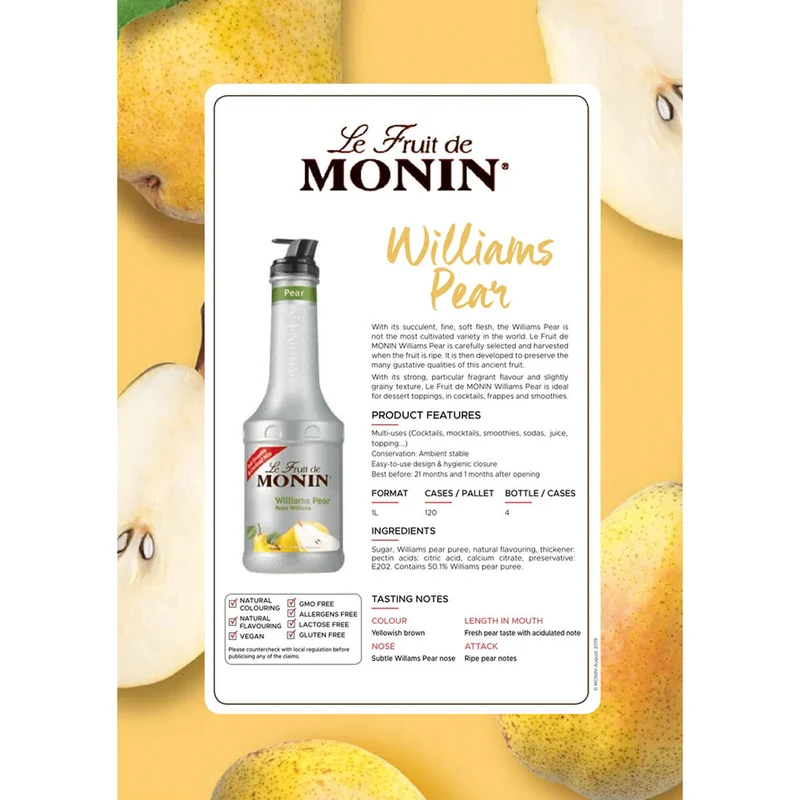 Monin Williams Pear Fruit Mix Puree - 1LTR