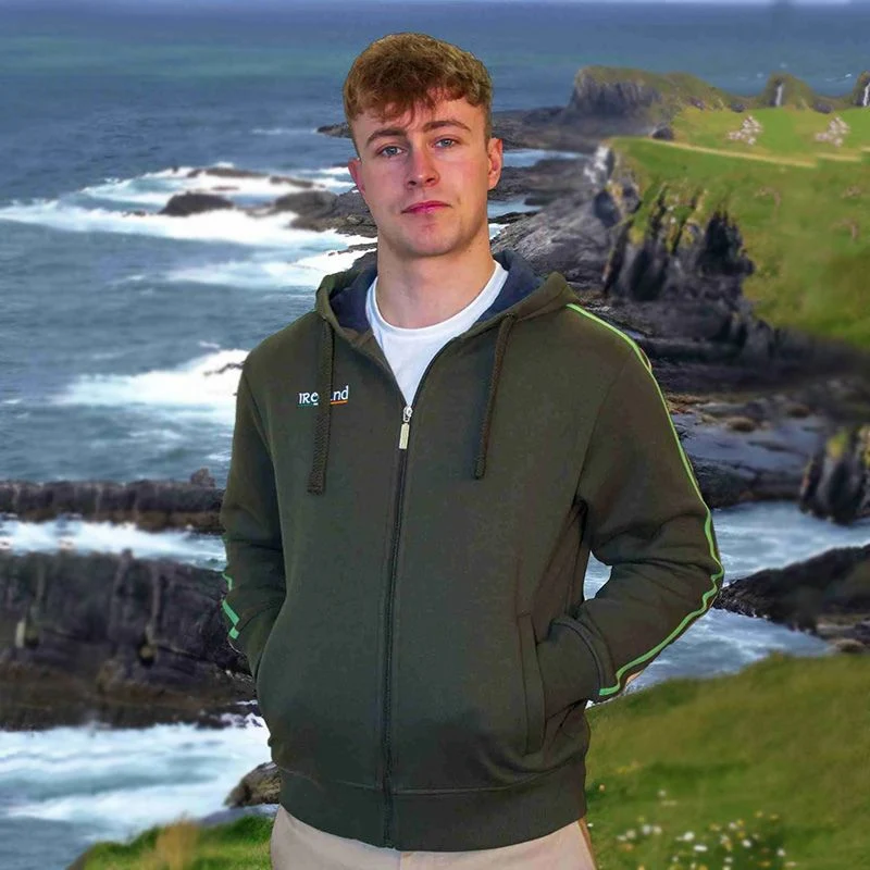 Men's Irish Retro Zip Up Hoodie, Bottle Green
