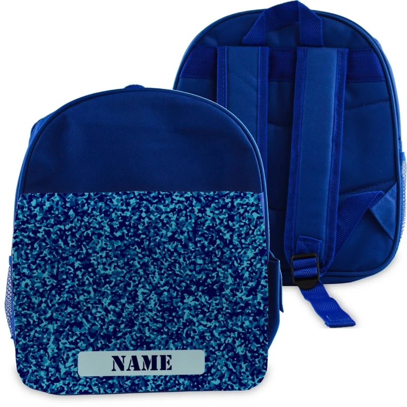 Printed Kids Blue Backpack with Blue Camo Design, Customise with Any Name