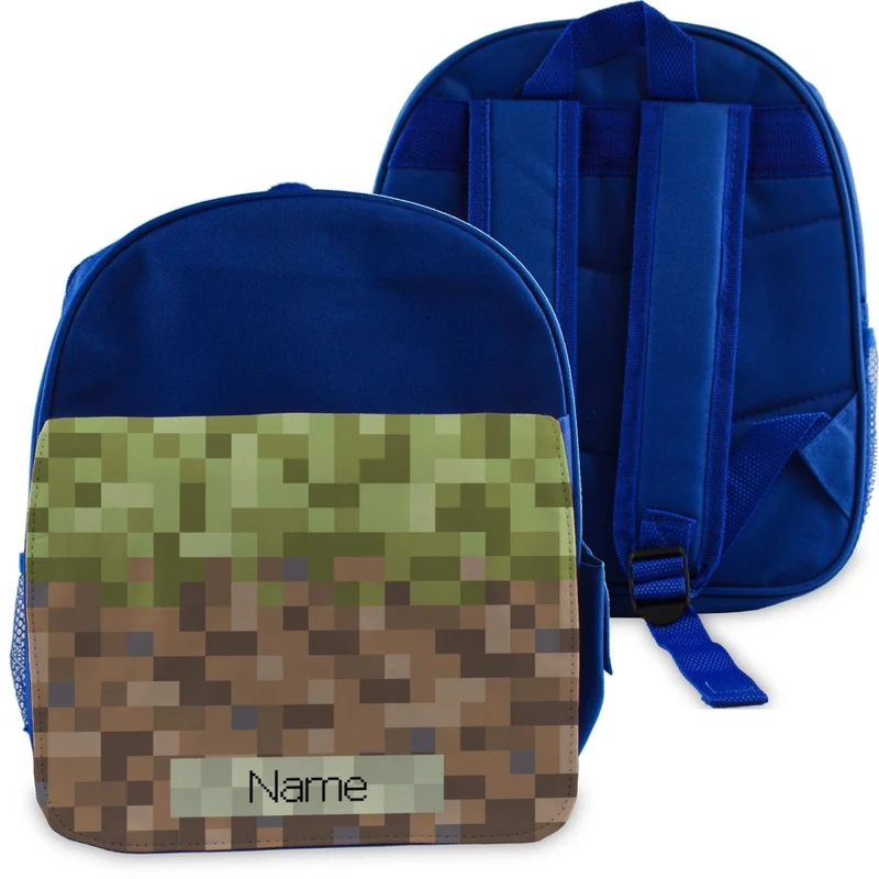 Printed Kids Blue Backpack with Pixel Game Ground Design, Customise with Any Name