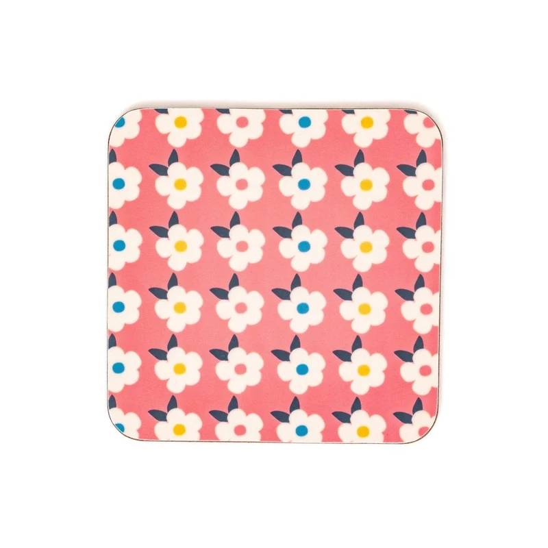 ROSE PINK GIFT SET For Her Retro Floral Enamel Cup - Beautiful Tin Mug - Cork Coaster - Pin Badge - Tea Towel - Colourful Home