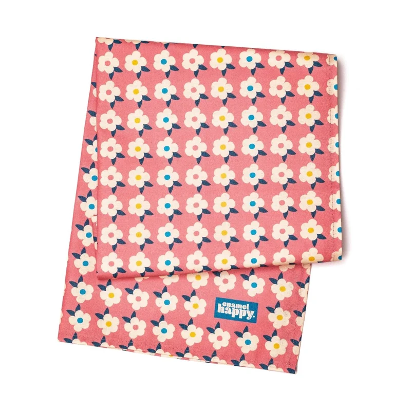 ROSE PINK GIFT SET For Her Retro Floral Enamel Cup - Beautiful Tin Mug - Cork Coaster - Pin Badge - Tea Towel - Colourful Home