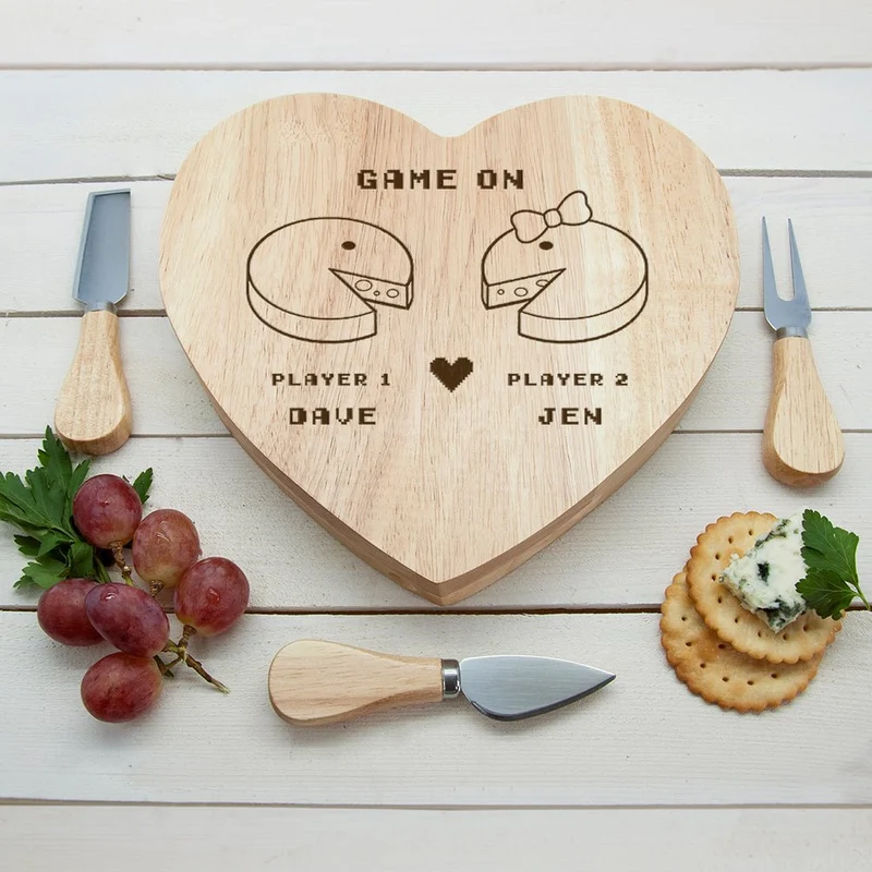 Personalised Retro 'Game On' Couples' Heart Cheese Board