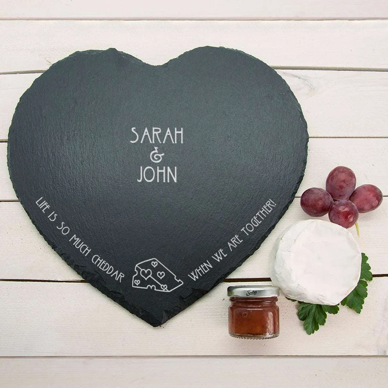 Personalised Romantic 'Life is So Much Cheddar' Heart Slate Cheese Board