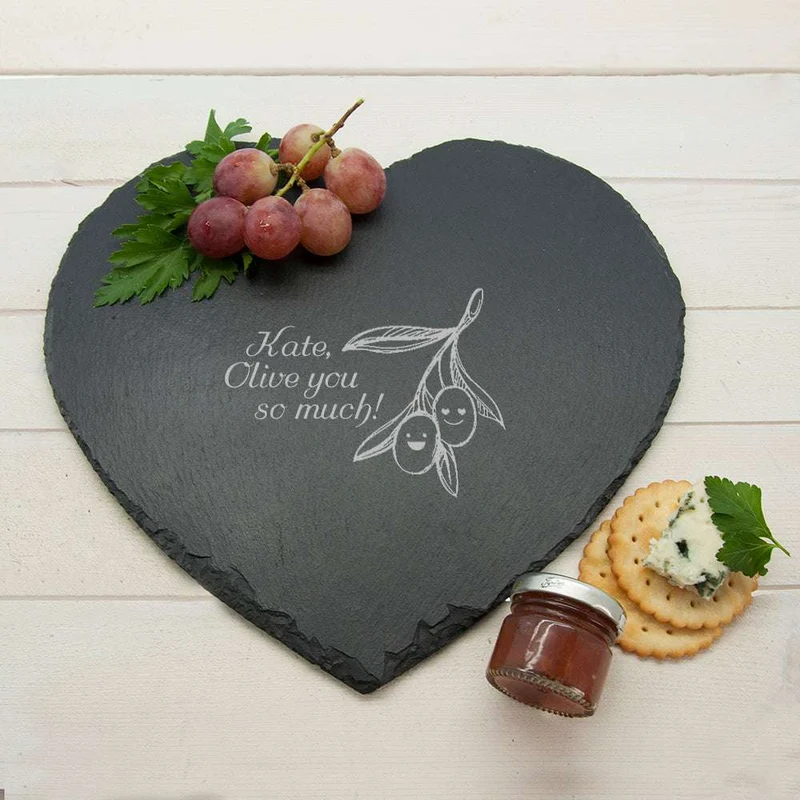 Personalised Romantic 'Olive You So Much' Heart Slate Cheese Board