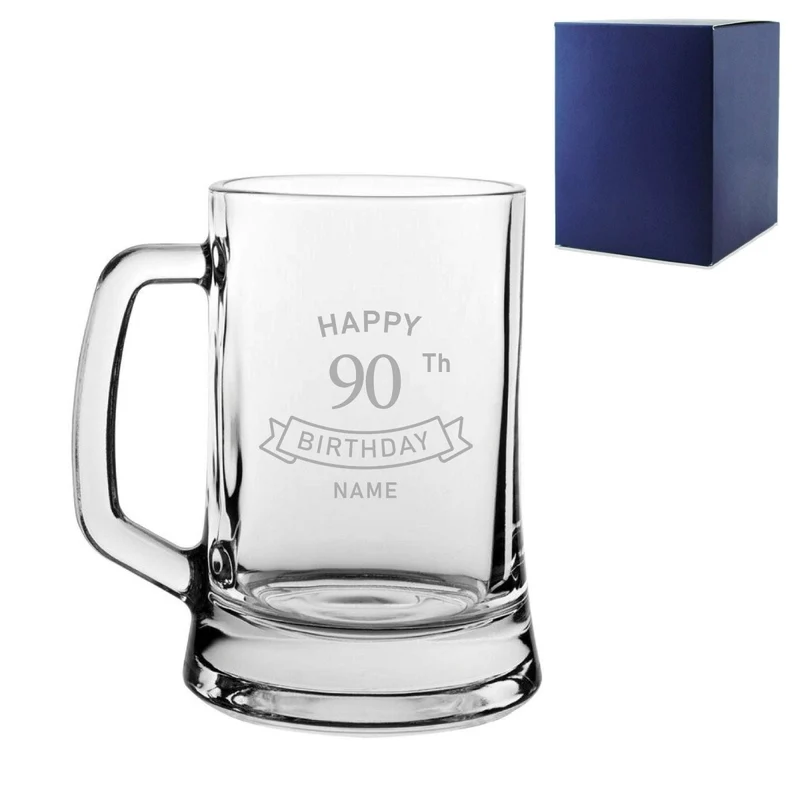 Engraved Tankard Beer Mug Stein Happy 90th Birthday Banner Design Gift Boxed